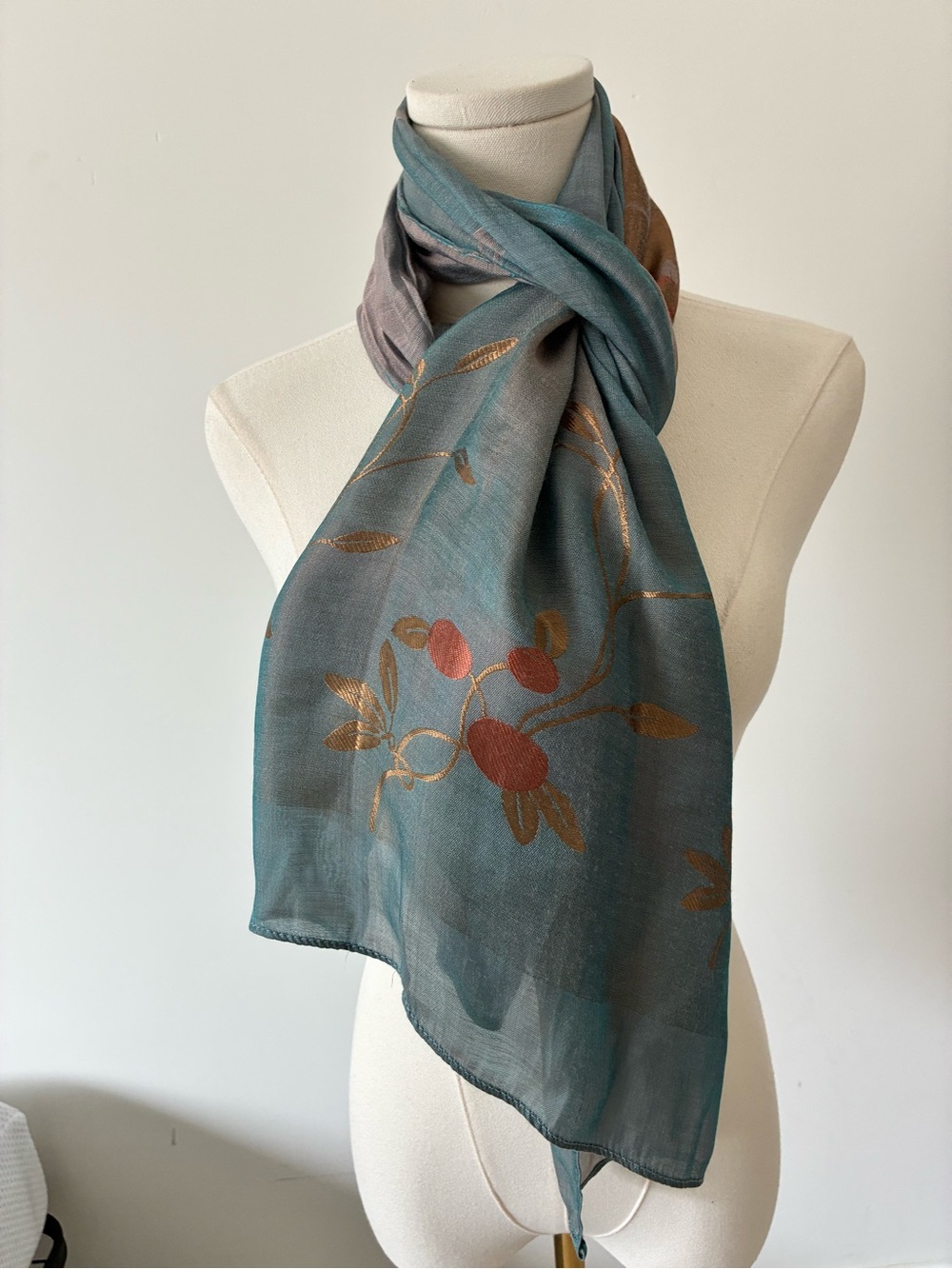 Elegant Silk Teal Botanical Scarf - Lightweight Women's Accessory
